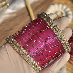 Pink Glass Bangles Gold Rhinestone Kada Kashmiri Churiyan Indian Wedding Bridal Set - 7