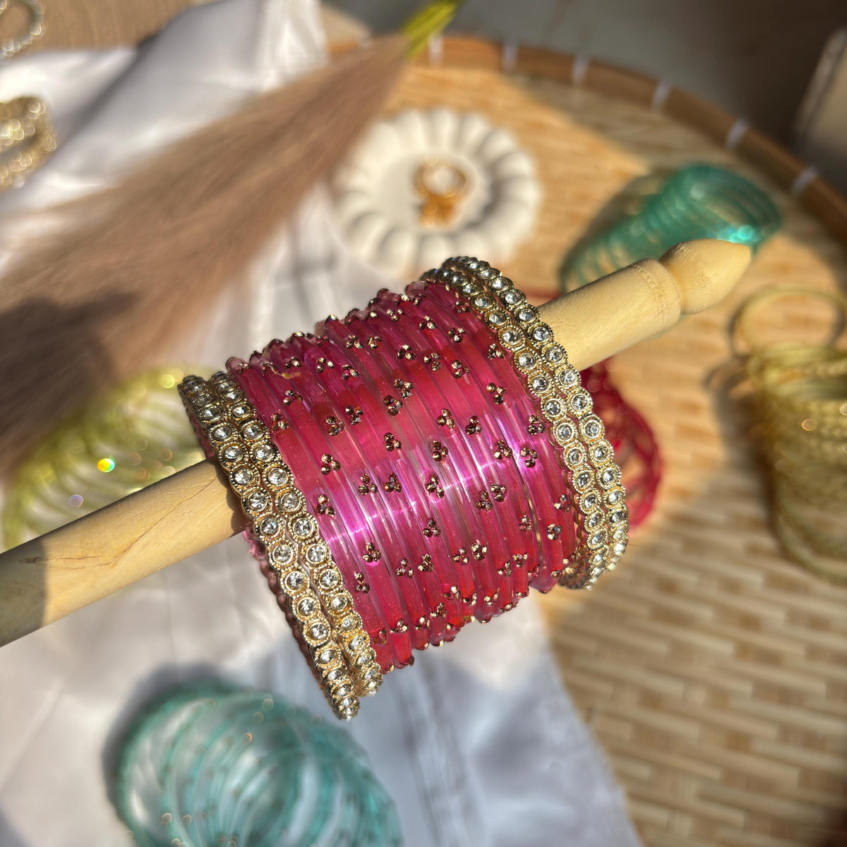 Pink Glass Bangles Gold Rhinestone Kada Kashmiri Churiyan Indian Wedding Bridal Set - 6