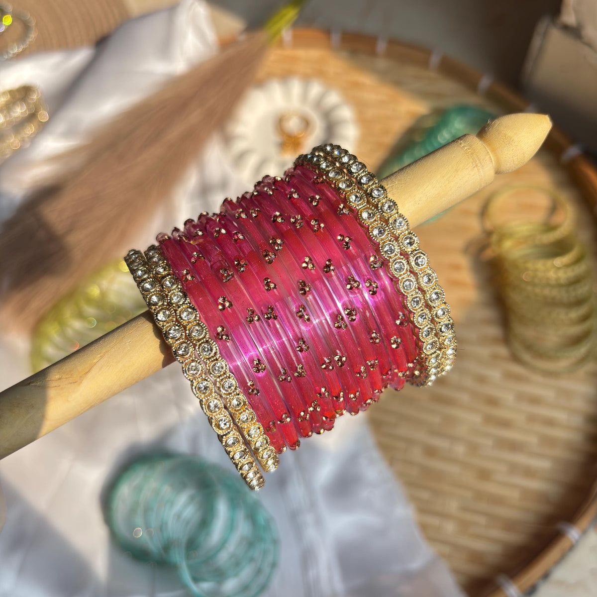 Pink Glass Bangles Gold Rhinestone Kada Kashmiri Churiyan Indian Wedding Bridal Set - 4