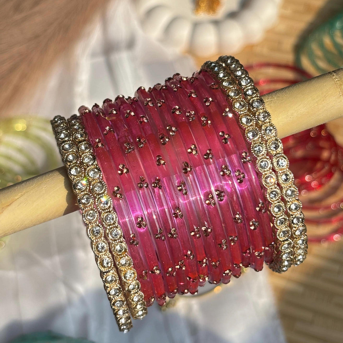 Pink Glass Bangles Gold Rhinestone Kada Kashmiri Churiyan Indian Wedding Bridal Set - 2
