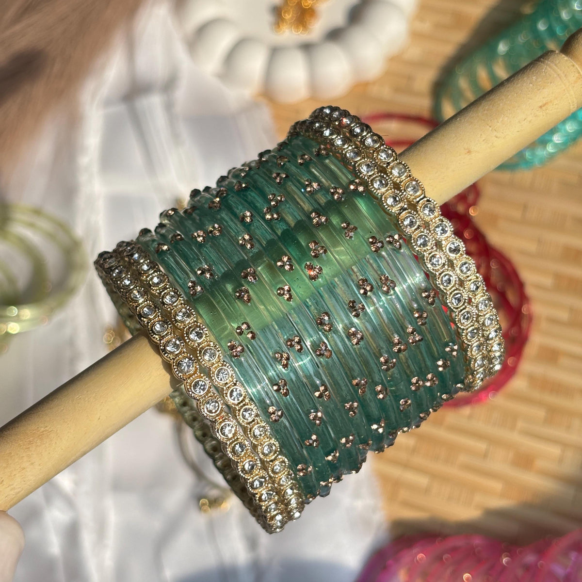 Teal Glass Bangles Gold Kada Kashmiri Churiyan Indian Wedding Bridal Set