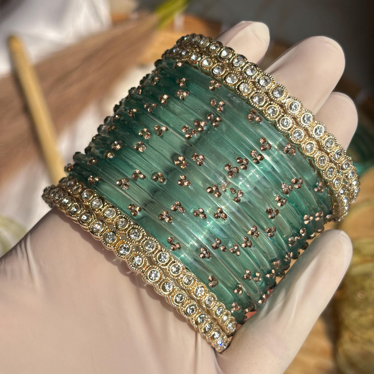 Teal Glass Bangles Gold Kada Kashmiri Churiyan Indian Wedding Bridal Set - 2