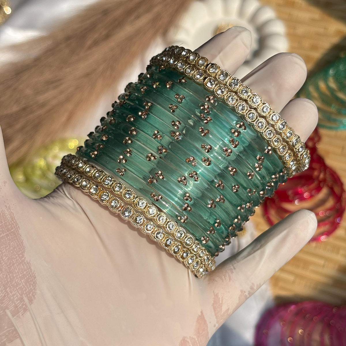 Teal Glass Bangles Gold Kada Kashmiri Churiyan Indian Wedding Bridal Set - 11