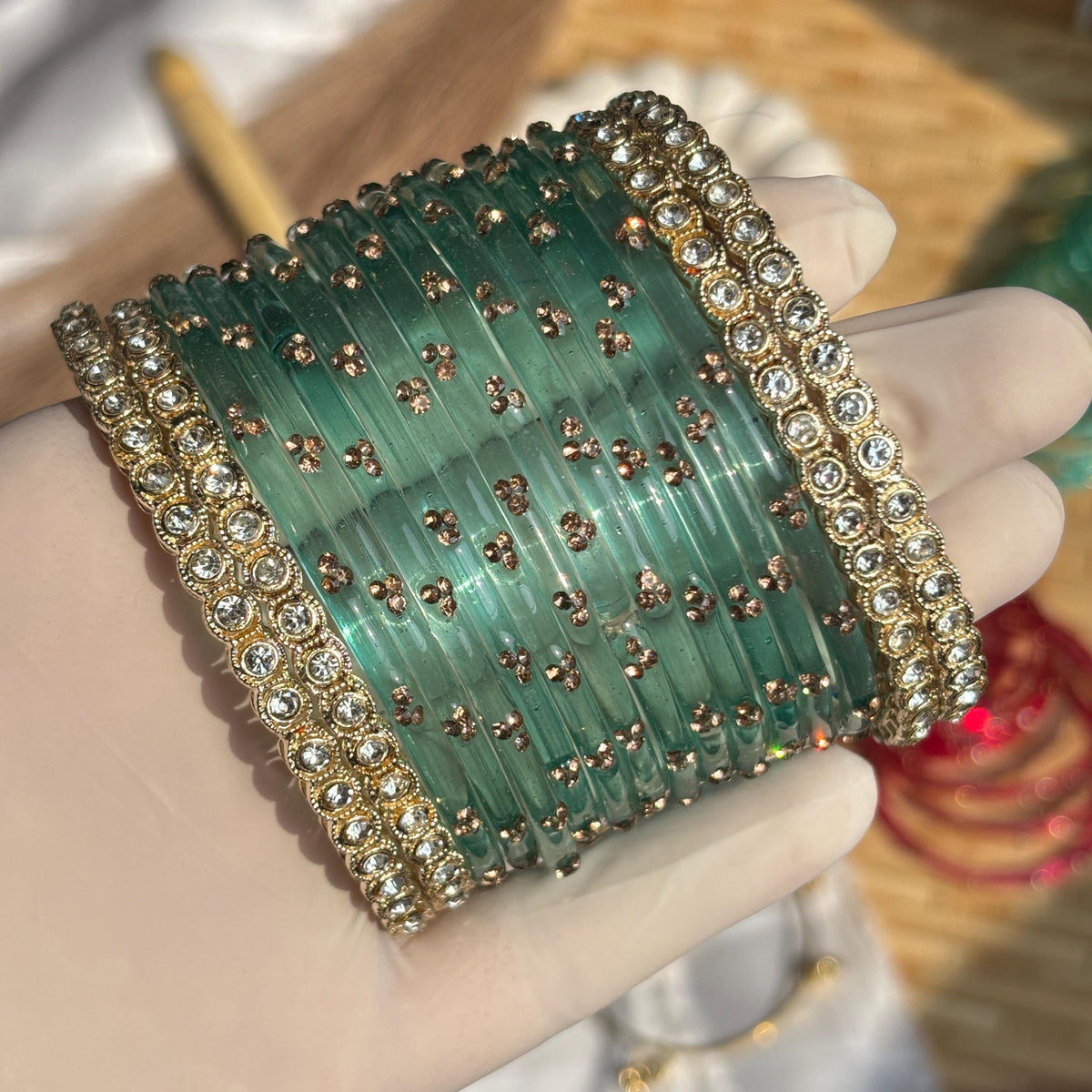 Teal Glass Bangles Gold Kada Kashmiri Churiyan Indian Wedding Bridal Set - 6