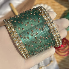 Teal Glass Bangles Gold Kada Kashmiri Churiyan Indian Wedding Bridal Set - 6