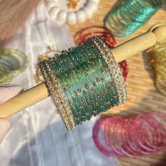 Teal Glass Bangles Gold Kada Kashmiri Churiyan Indian Wedding Bridal Set - 3