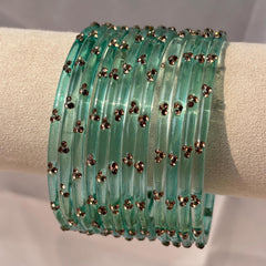 Teal Glass Bangles Gold Kada Kashmiri Churiyan Indian Wedding Bridal Set - 7