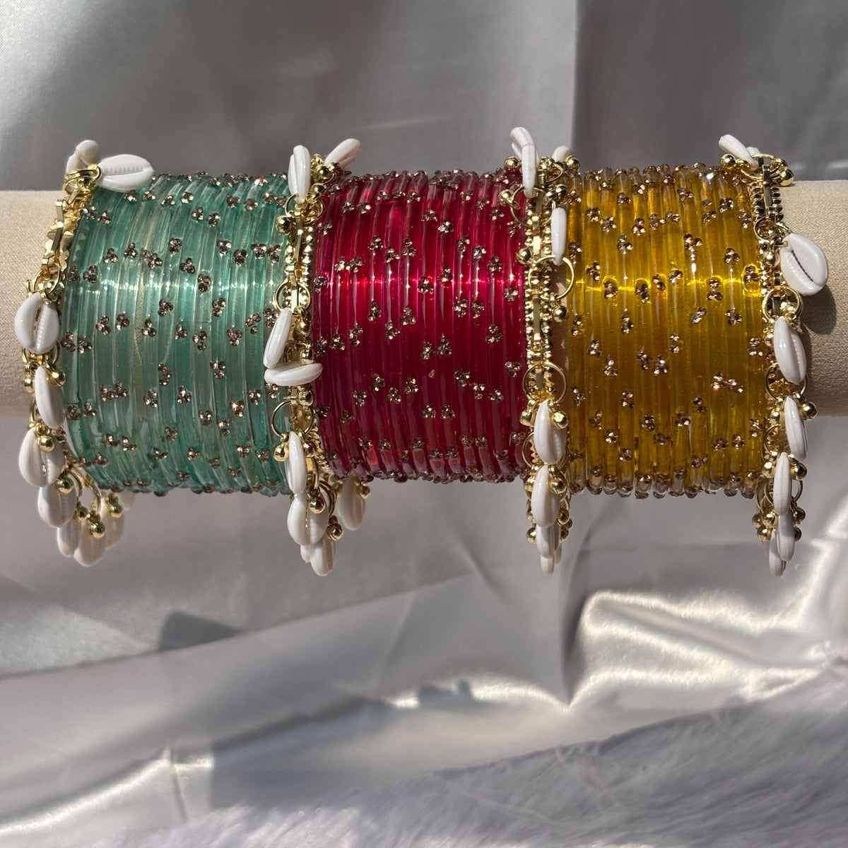 Kashmiri Raindrop Bangles Set Of 3 Gold Cowrie Shell Ghungroo Indian Wedding Jewelry - 15