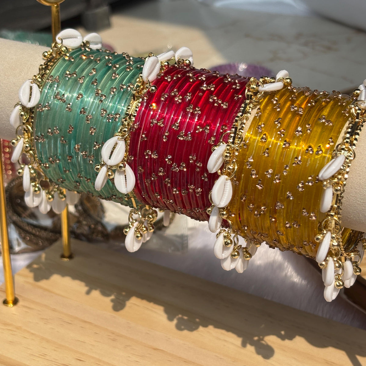Kashmiri Raindrop Bangles Set Of 3 Gold Cowrie Shell Ghungroo Indian Wedding Jewelry - 2