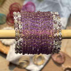 Lavender Glass Bangles Beaded Flower Kada Kashmiri Churiyan Indian Wedding Bridal Set - 7