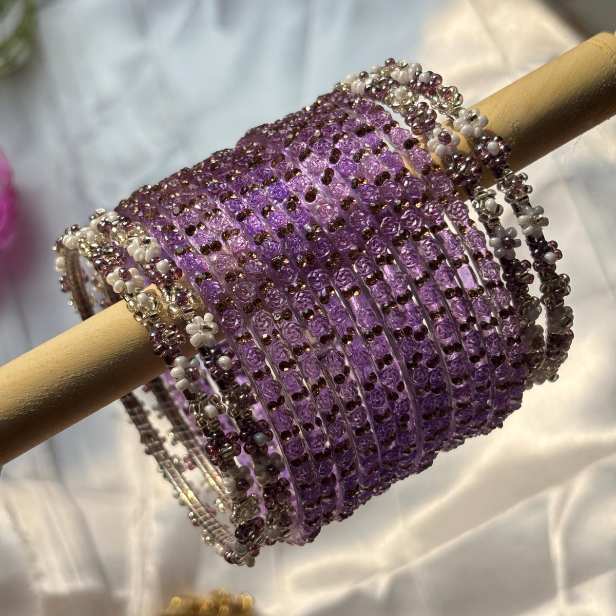Lavender Glass Bangles Beaded Flower Kada Kashmiri Churiyan Indian Wedding Bridal Set - 6