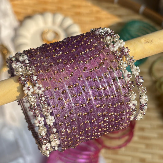 Lavender Glass Bangles Beaded Flower Kada Kashmiri Churiyan Indian Wedding Bridal Set