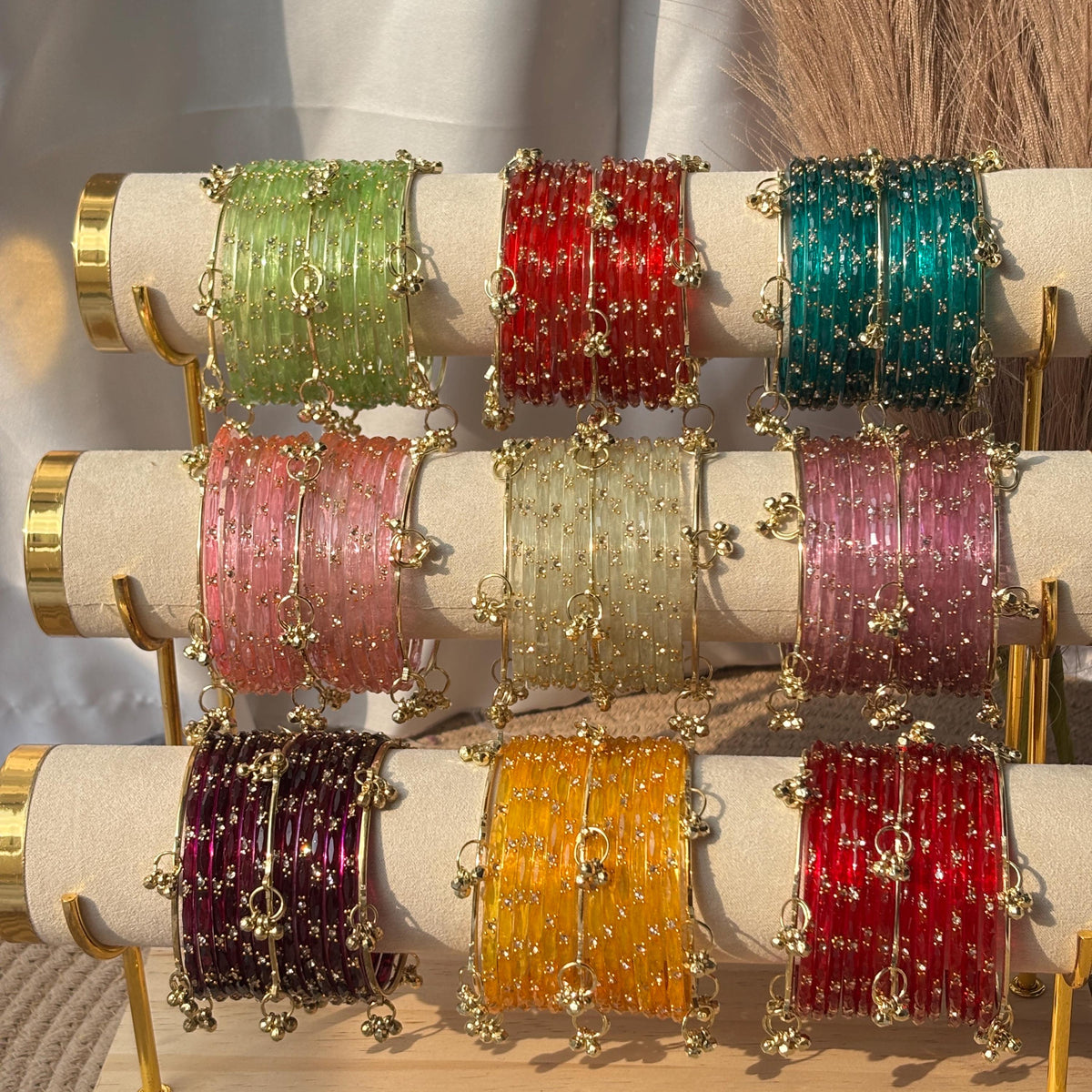 Glass Bangles Set Ghungroo Zircon Kashmiri Churiyan Multicolor Pastel Indian Wedding Bridal Jewelry - 11