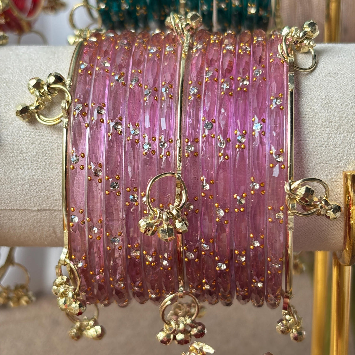 Glass Bangles Set Ghungroo Zircon Kashmiri Churiyan Multicolor Pastel Indian Wedding Bridal Jewelry - 7
