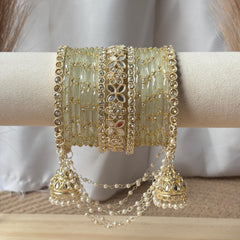 Pistachio Bangles Set Latkan Jhula Kada Zircon Crystal Pearl Chain Indian Bridal Wedding