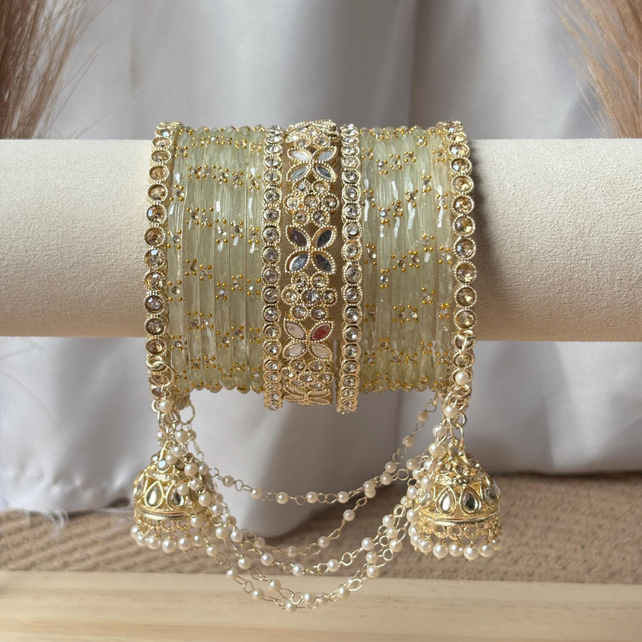 Pistachio Bangles Set Latkan Jhula Kada Zircon Crystal Pearl Chain Indian Bridal Wedding