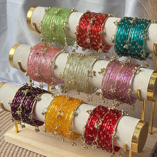 Glass Bangles Set Ghungroo Zircon Kashmiri Churiyan Multicolor Pastel Indian Wedding Bridal Jewelry