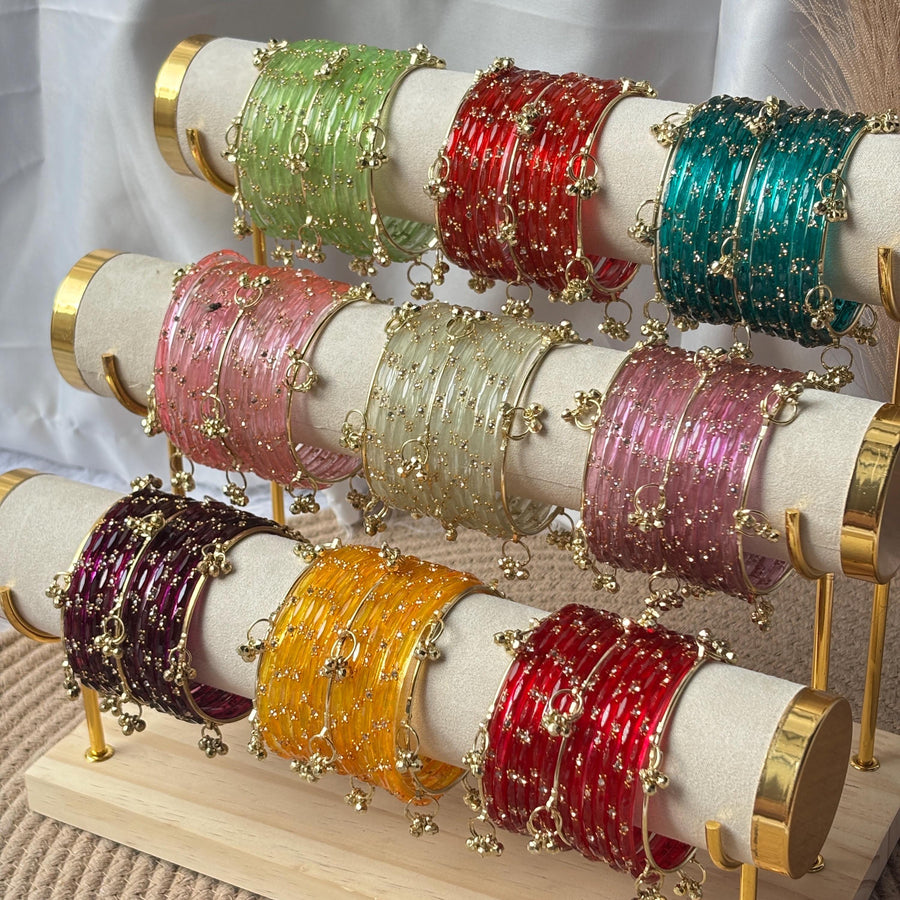Glass Bangles Set Ghungroo Zircon Kashmiri Churiyan Multicolor Pastel Indian Wedding Bridal Jewelry
