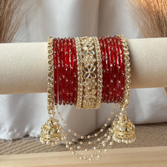 Red Bridal Bangles Jhumka Latkan Kada Pearl Jhula Set Kashmiri Churiyan Pakistani Wedding Jewelry - 5