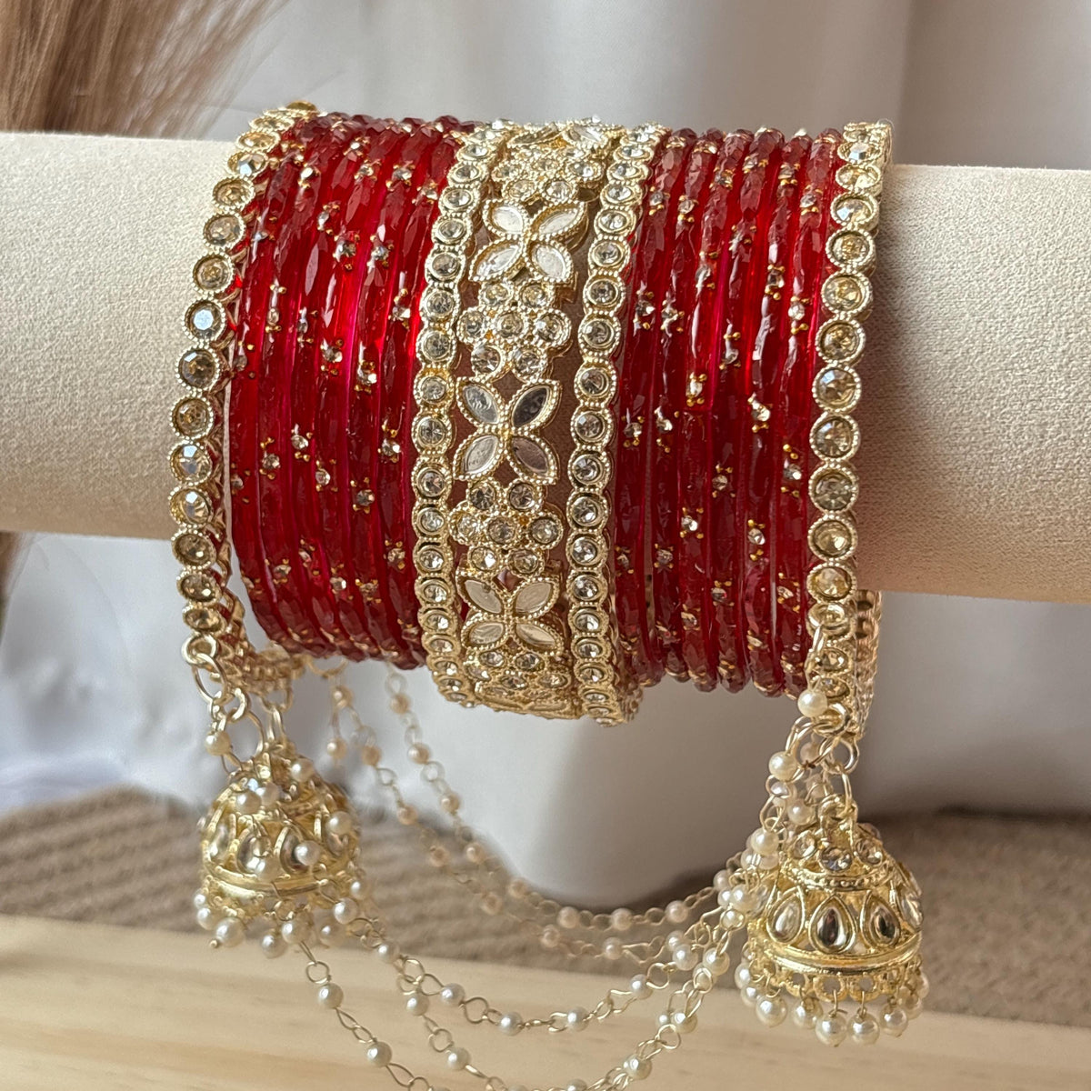 Red Bridal Bangles Jhumka Latkan Kada Pearl Jhula Set Kashmiri Churiyan Pakistani Wedding Jewelry - 2