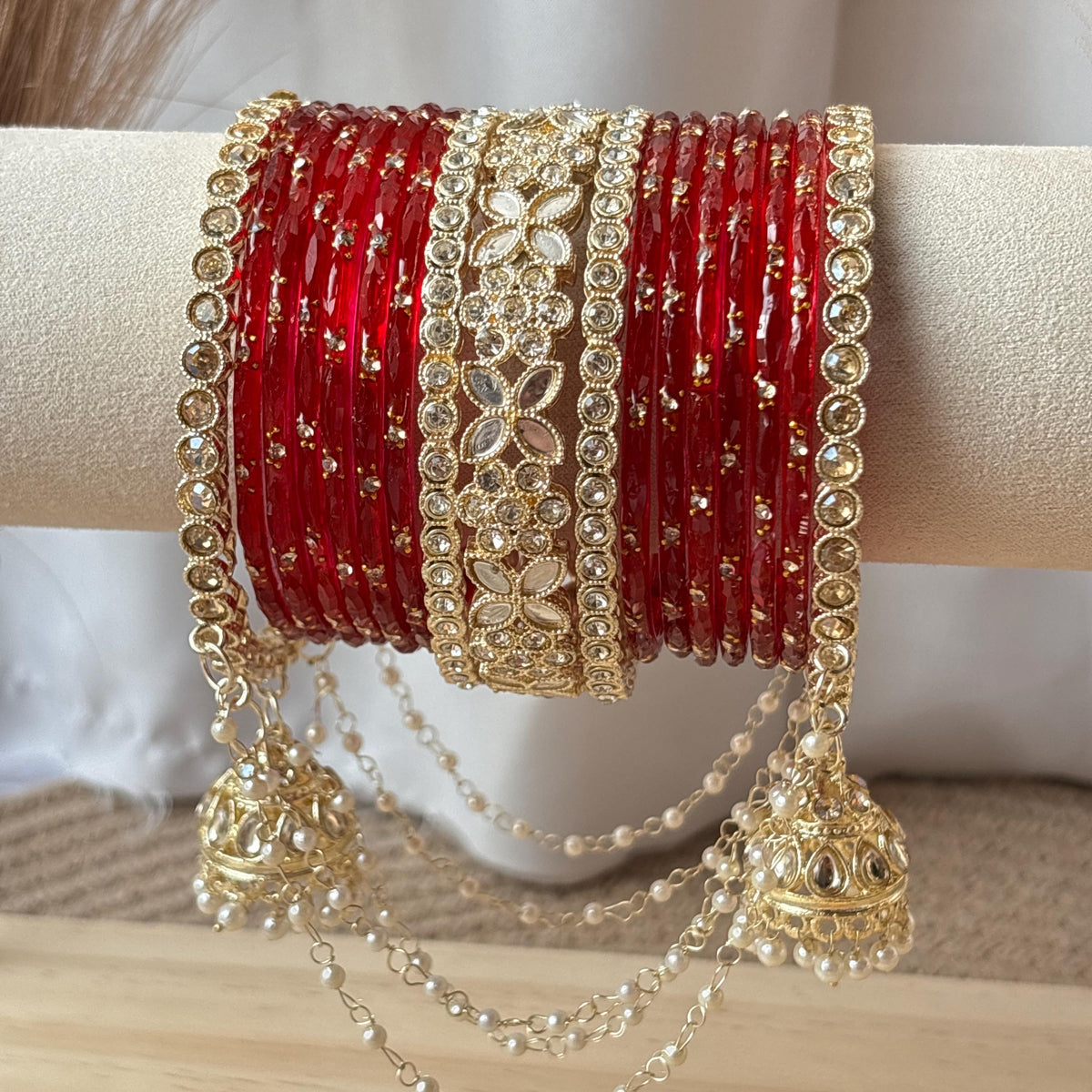 Red Bridal Bangles Jhumka Latkan Kada Pearl Jhula Set Kashmiri Churiyan Pakistani Wedding Jewelry - 6
