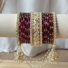 Wine Bridal Bangles Jhumka Latkan Kada Pearl Jhula Set Kashmiri Churiyan Pakistani Wedding Jewelry - 6