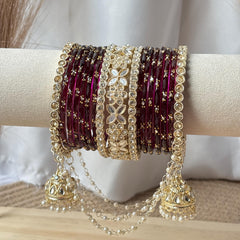 Wine Bridal Bangles Jhumka Latkan Kada Pearl Jhula Set Kashmiri Churiyan Pakistani Wedding Jewelry - 3