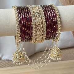 Wine Bridal Bangles Jhumka Latkan Kada Pearl Jhula Set Kashmiri Churiyan Pakistani Wedding Jewelry - 4