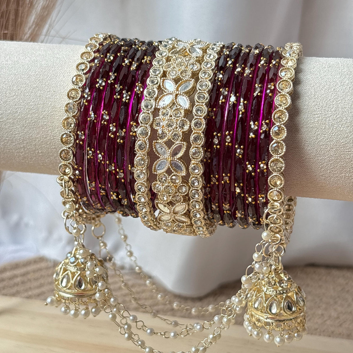 Wine Bridal Bangles Jhumka Latkan Kada Pearl Jhula Set Kashmiri Churiyan Pakistani Wedding Jewelry - 5