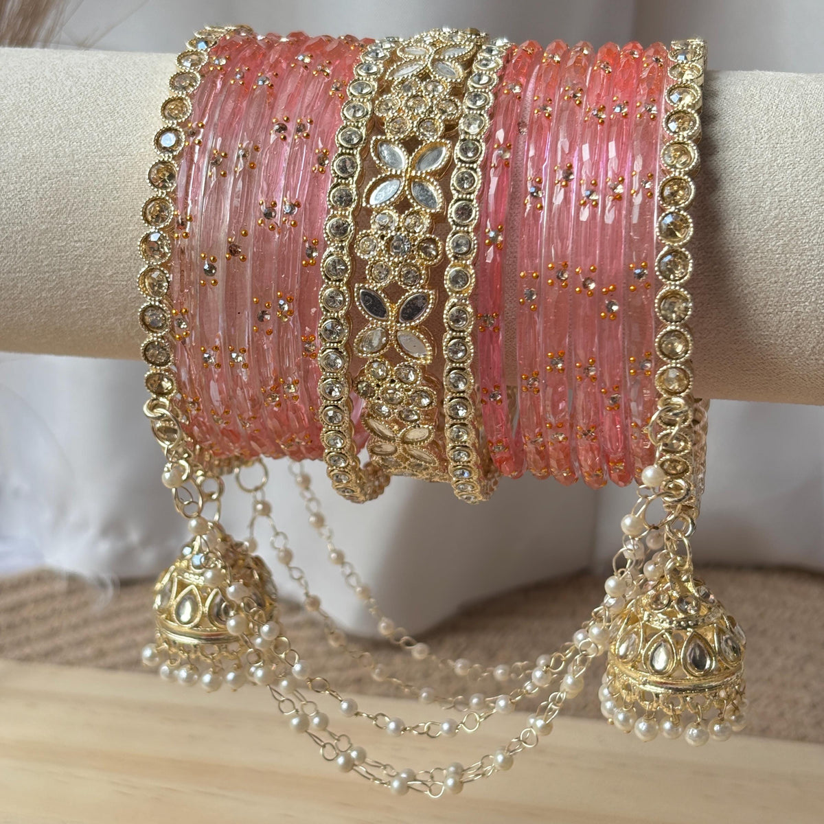 Pistachio Bangles Set Latkan Jhula Kada Zircon Crystal Pearl Chain Indian Bridal Wedding - 9