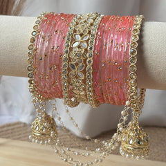 Pistachio Bangles Set Latkan Jhula Kada Zircon Crystal Pearl Chain Indian Bridal Wedding - 6
