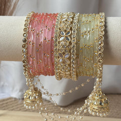 Pistachio Bangles Set Latkan Jhula Kada Zircon Crystal Pearl Chain Indian Bridal Wedding - 10