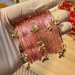 Bridal Bangle Set Rose Pink Glass Ghungroo Kashmiri Churiyan Festive Wedding South Asian Jewelry - 3