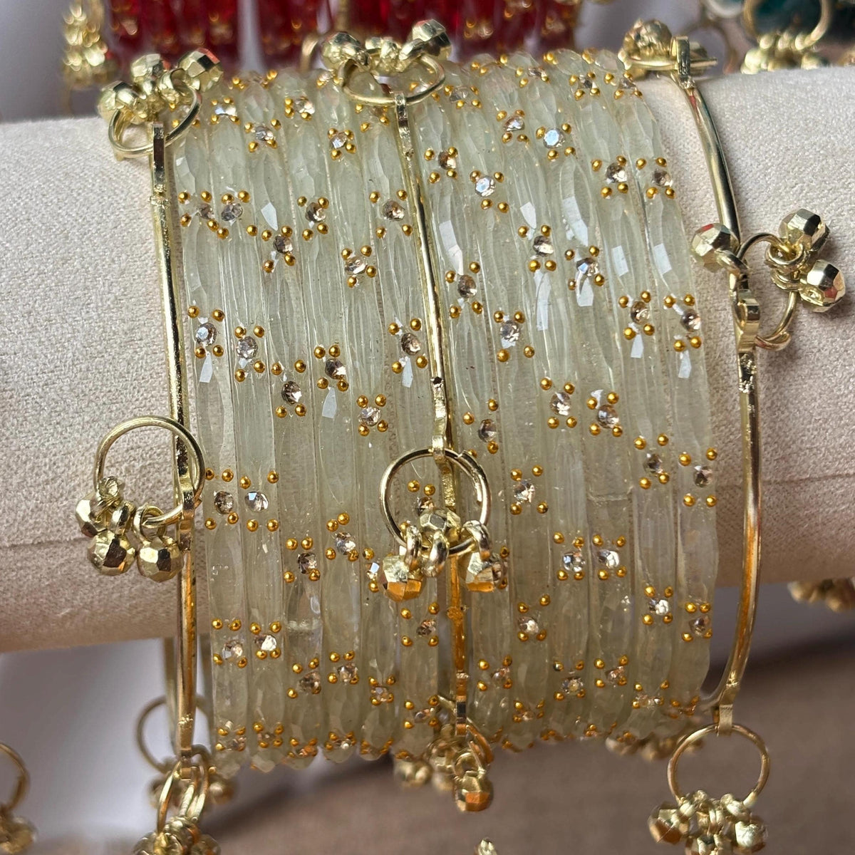 Bridal Bangle Set Ivory Glass Ghungroo Kashmiri Churiyan Festive Stack Bridesmaid South Asian Jewelry - 3