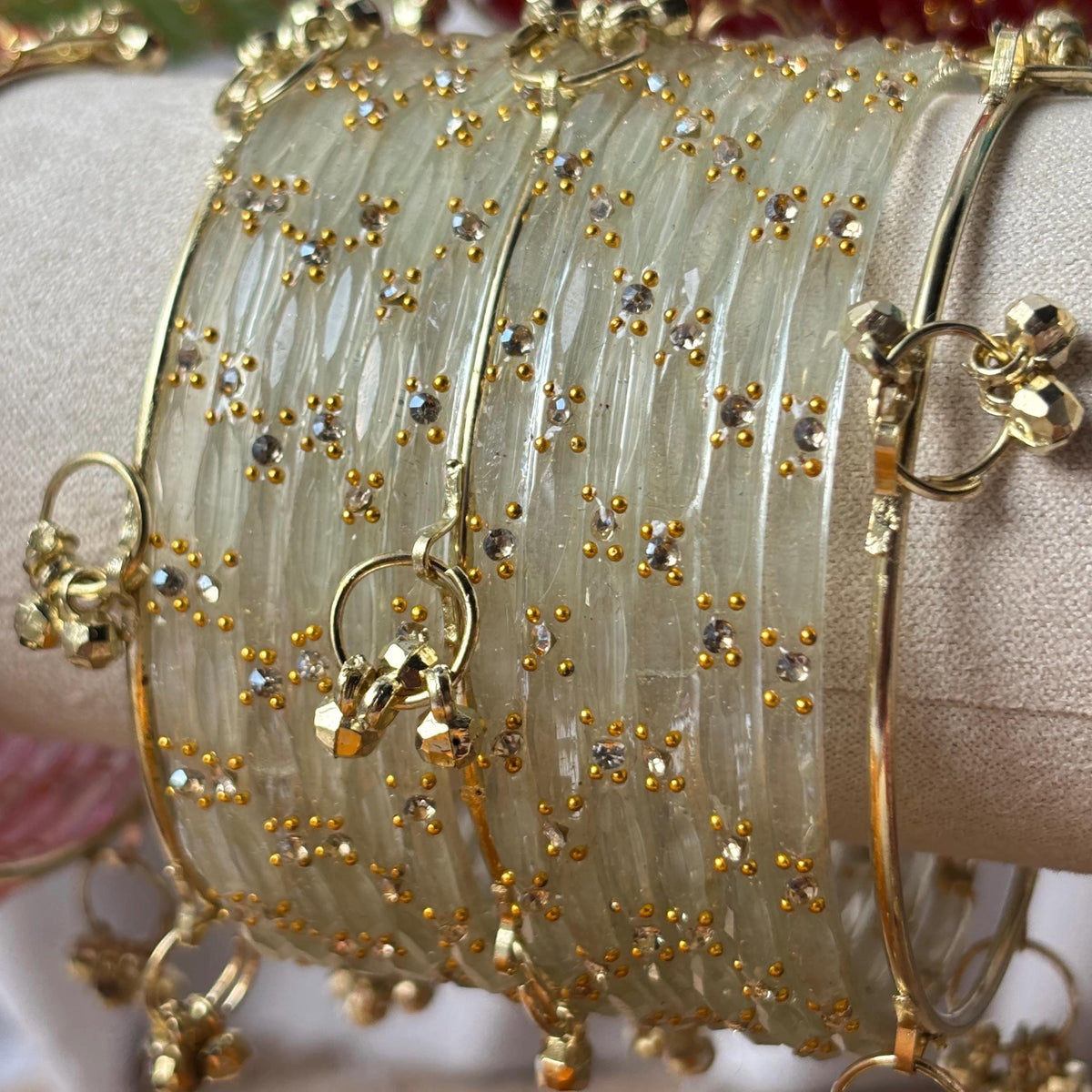 Bridal Bangle Set Ivory Glass Ghungroo Kashmiri Churiyan Festive Stack Bridesmaid South Asian Jewelry - 2