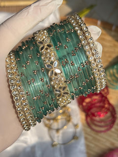 Seafoam Kashmiri Glass Bangles Gold Rhinestone Kada Teal Indian Wedding Bangle Set - 2