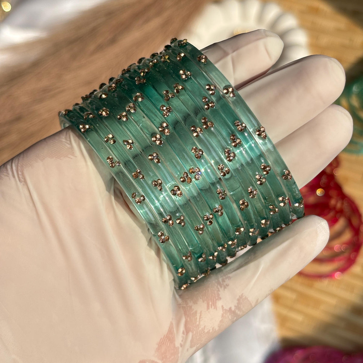 Seafoam Kashmiri Glass Bangles Gold Rhinestone Kada Teal Indian Wedding Bangle Set - 3