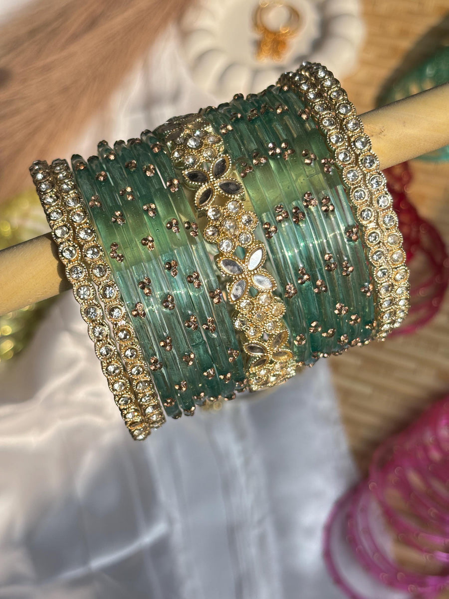 Seafoam Kashmiri Glass Bangles Gold Rhinestone Kada Teal Indian Wedding Bangle Set