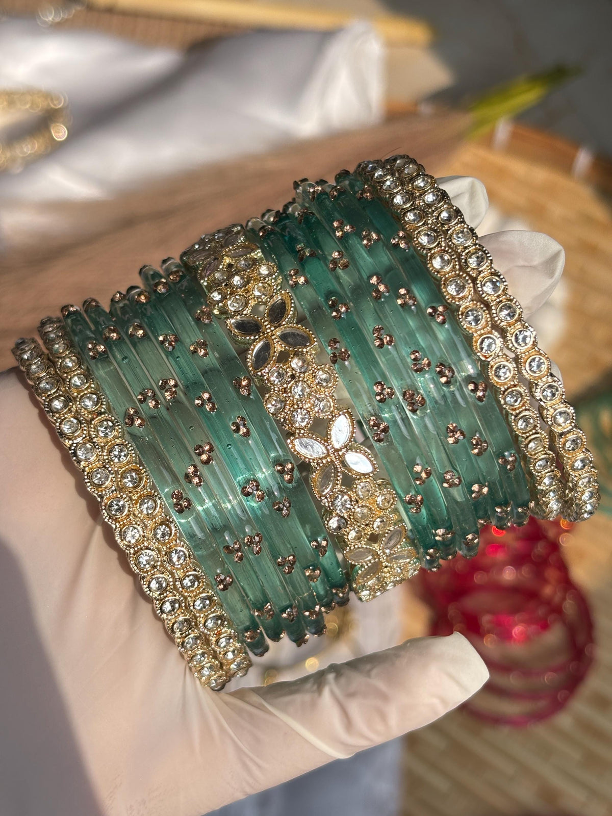 Seafoam Kashmiri Glass Bangles Gold Rhinestone Kada Teal Indian Wedding Bangle Set - 9