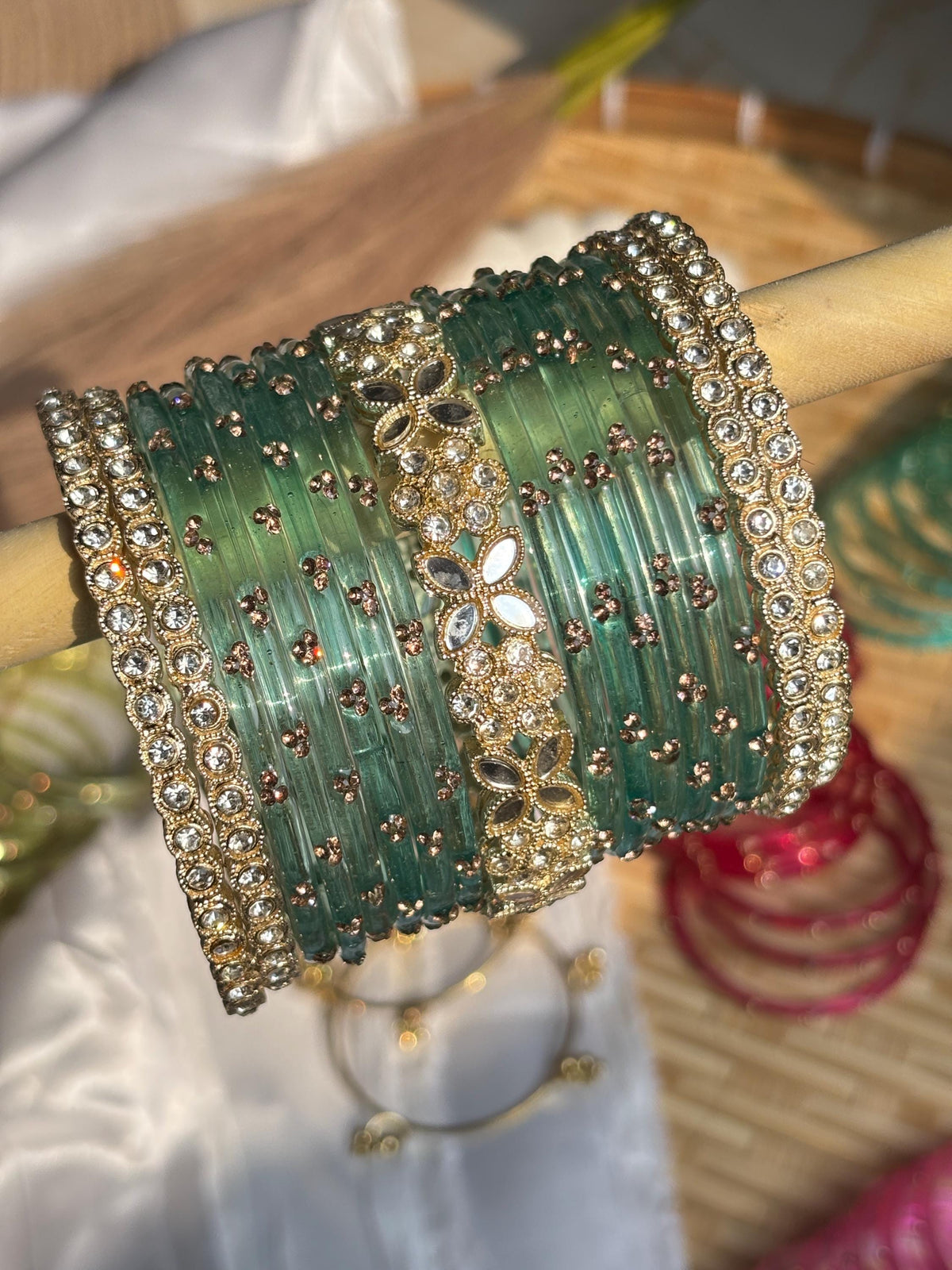 Seafoam Kashmiri Glass Bangles Gold Rhinestone Kada Teal Indian Wedding Bangle Set - 10