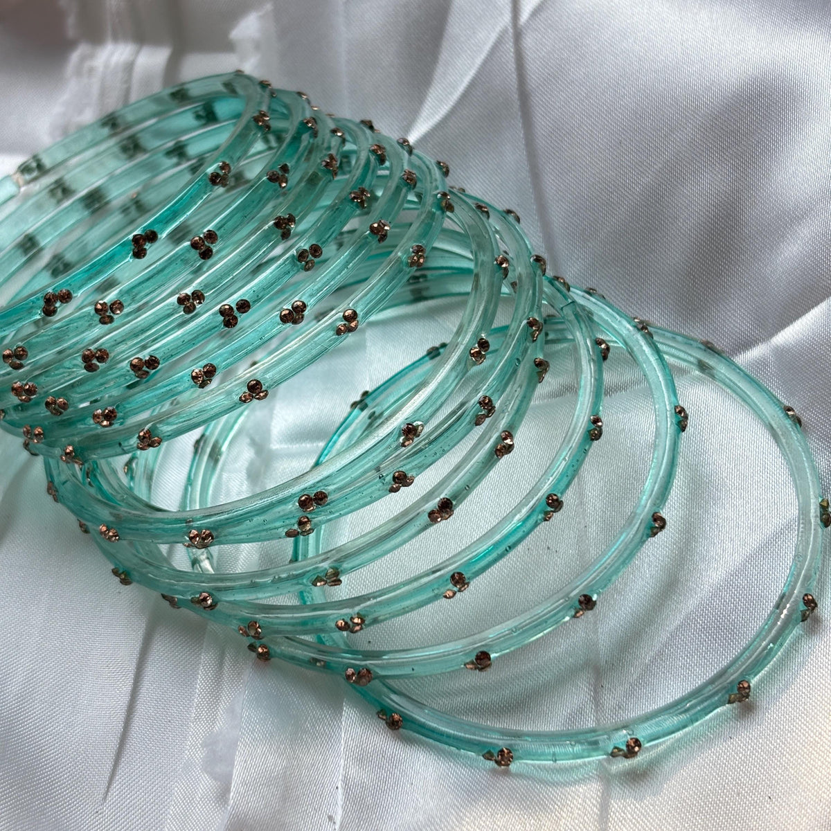 Seafoam Kashmiri Glass Bangles Gold Rhinestone Kada Teal Indian Wedding Bangle Set - 5