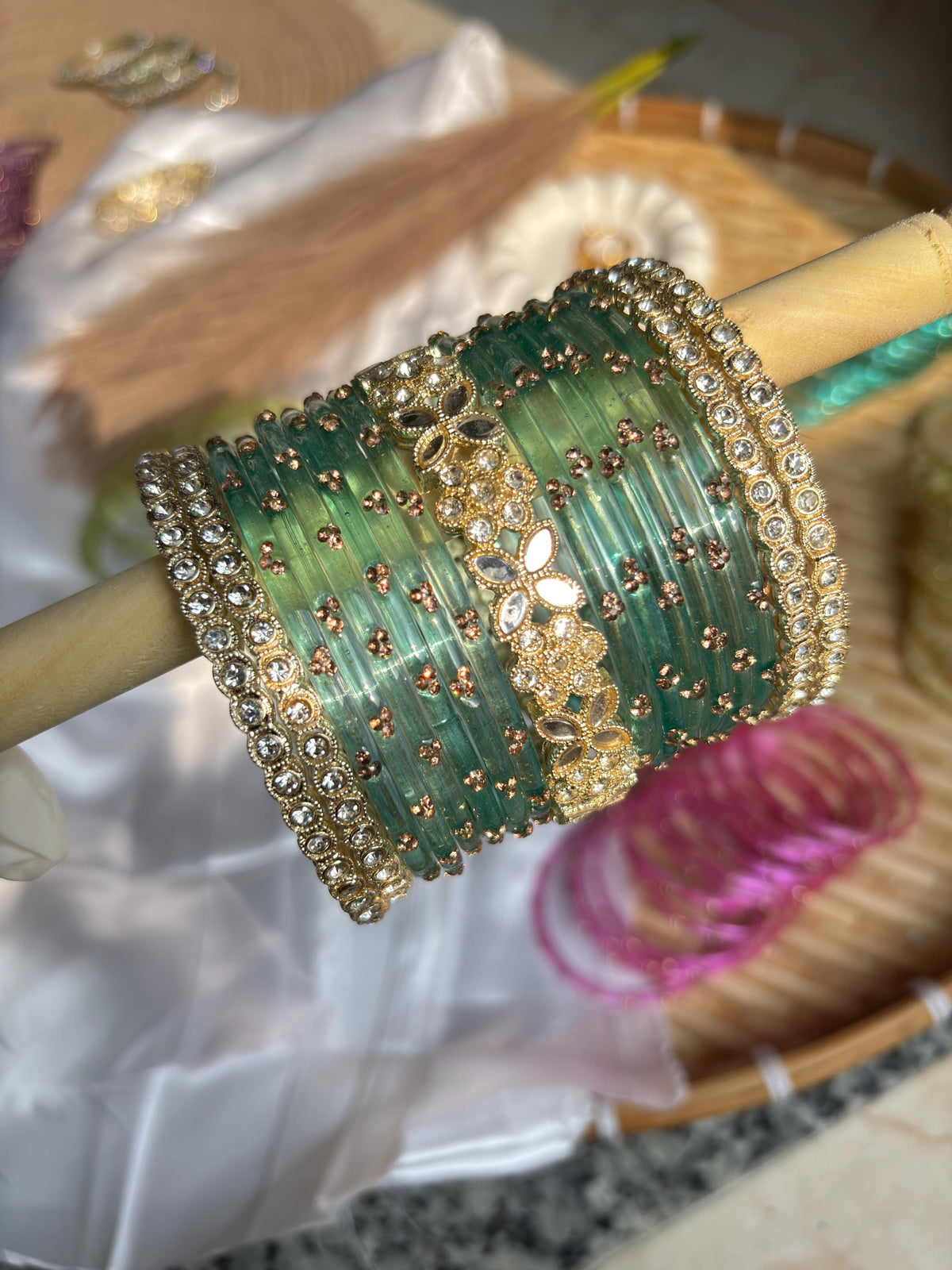 Seafoam Kashmiri Glass Bangles Gold Rhinestone Kada Teal Indian Wedding Bangle Set - 6