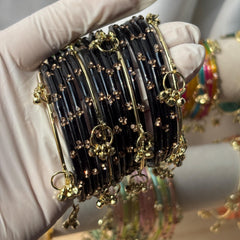 Black Glass Bangles Kashmiri Churiyan Ghungroo Indian Bridal Stack South Asian Jewelry - 3