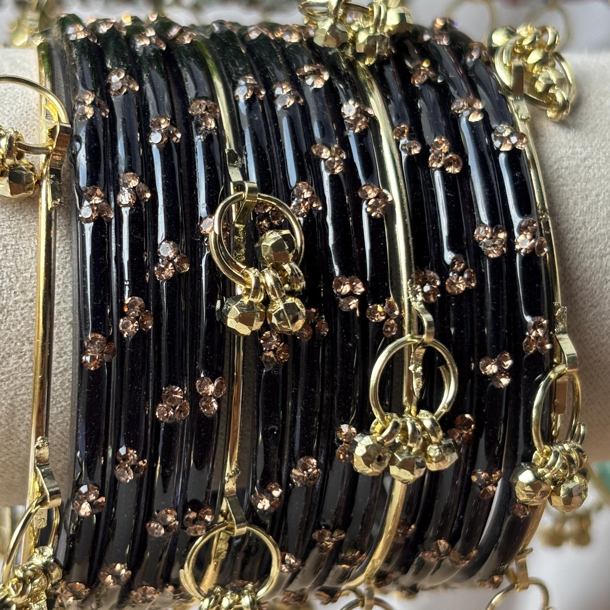 Black Glass Bangles Kashmiri Churiyan Ghungroo Indian Bridal Stack South Asian Jewelry - 2