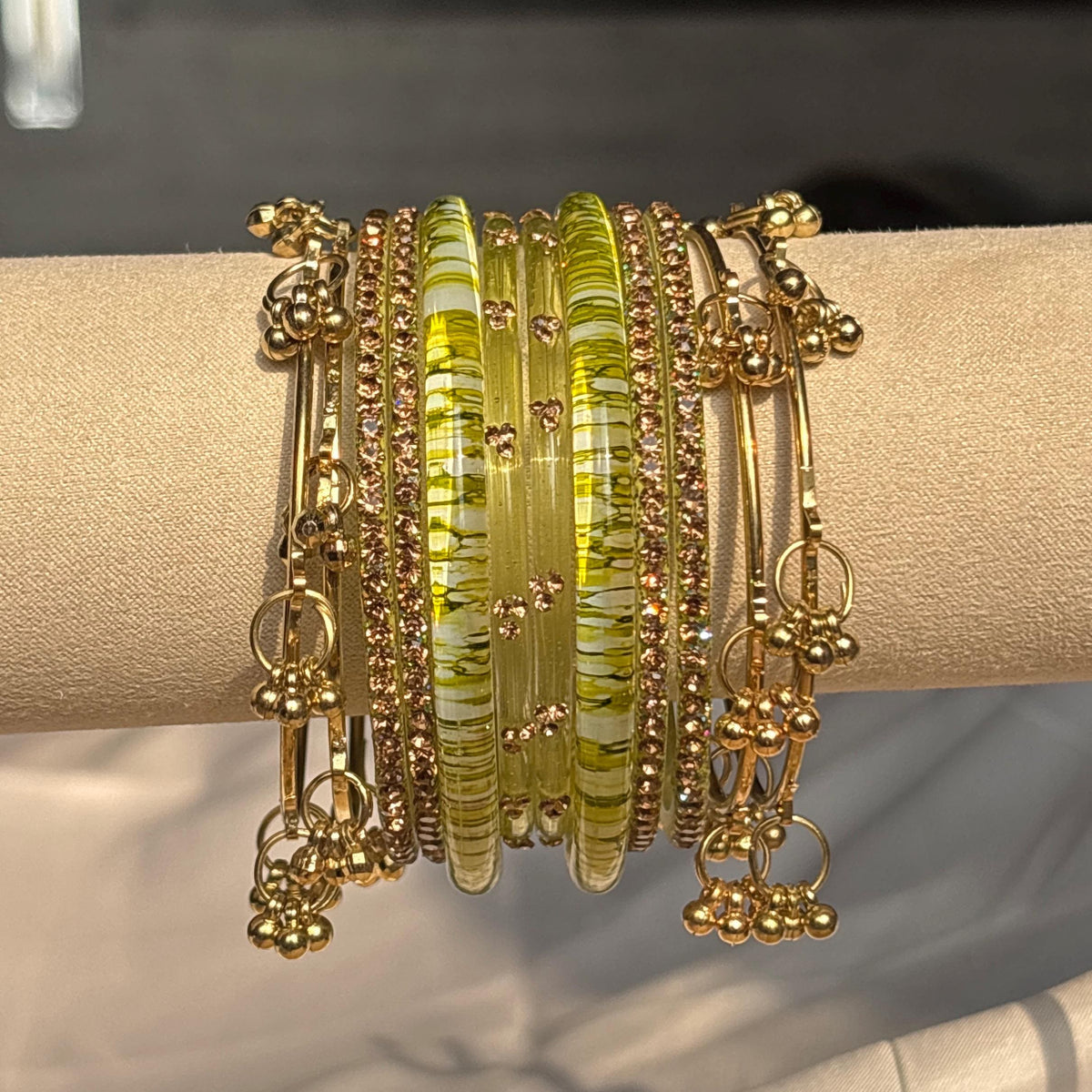 Colorful Bangles Set Gold Ghungroo Beaded Kashmiri Churiyan Indian Bridal Jewelry - 3