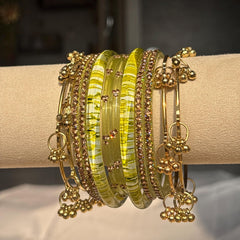Colorful Bangles Set Gold Ghungroo Beaded Kashmiri Churiyan Indian Bridal Jewelry - 4