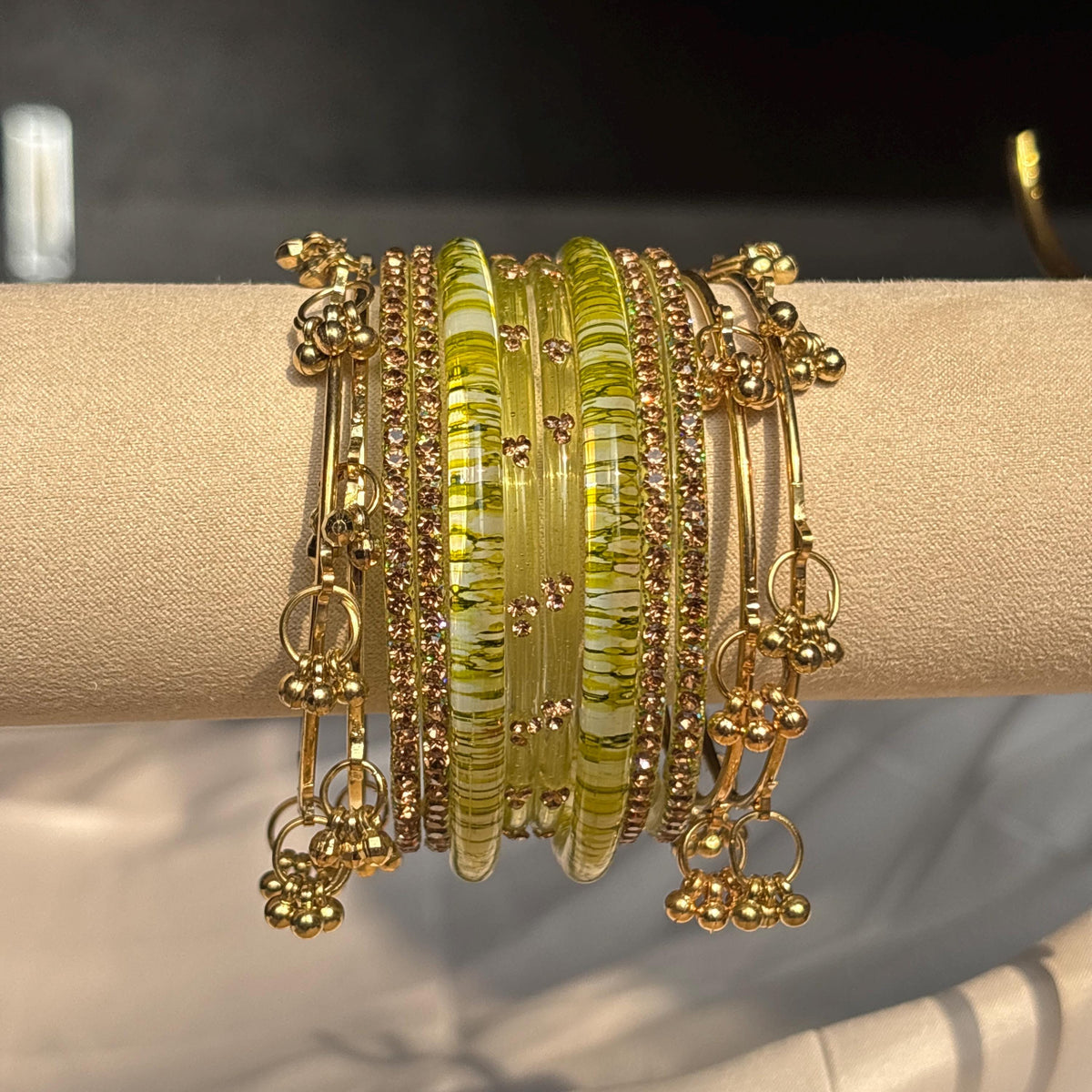 Colorful Bangles Set Gold Ghungroo Beaded Kashmiri Churiyan Indian Bridal Jewelry - 5
