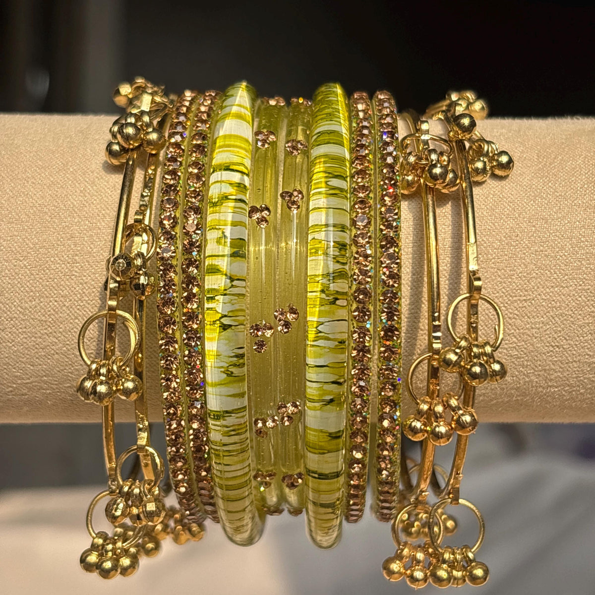Colorful Bangles Set Gold Ghungroo Beaded Kashmiri Churiyan Indian Bridal Jewelry - 7