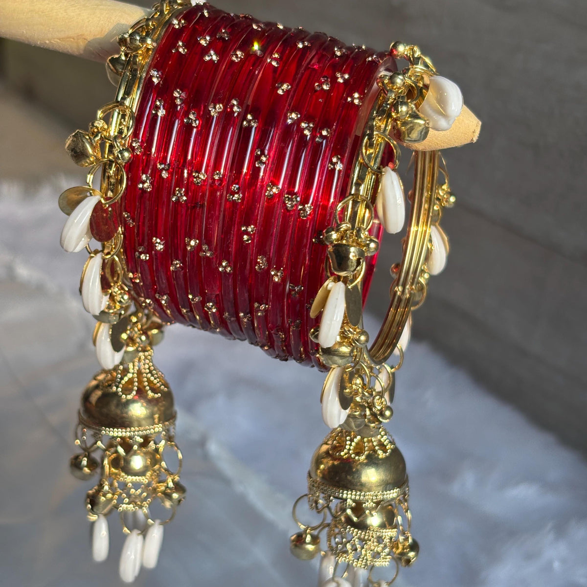 Red Glass Bangles Cowrie Shell Jhumka Kada Kashmiri Churiyan Wedding Set