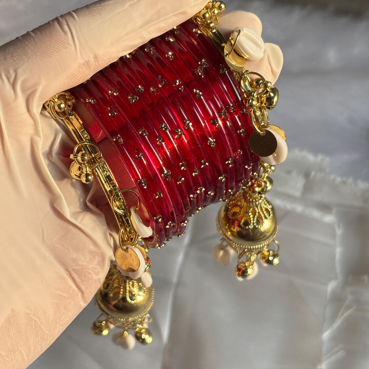 Red Glass Bangles Cowrie Shell Jhumka Kada Kashmiri Churiyan Wedding Set - 19